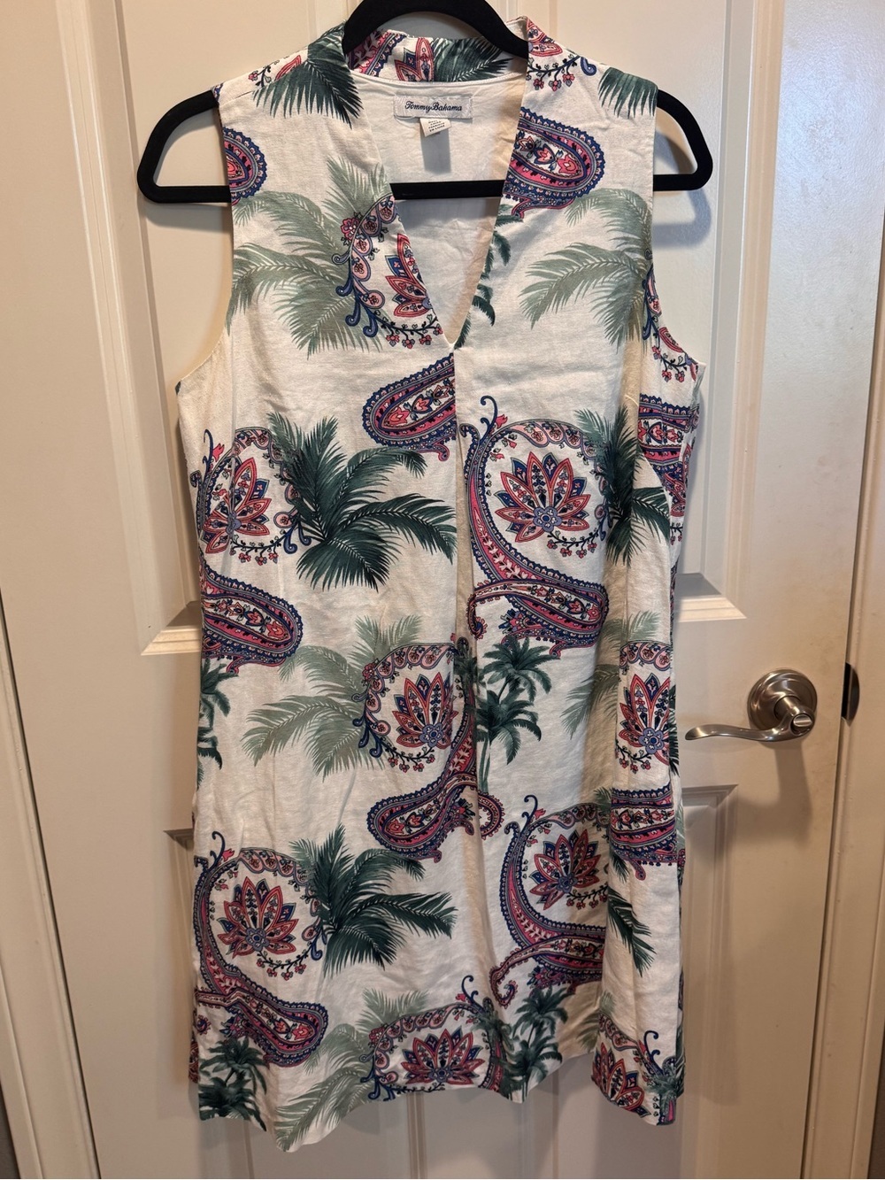 Tommy Bahama White Sleeveless Paisley Palm Button-Front Dress